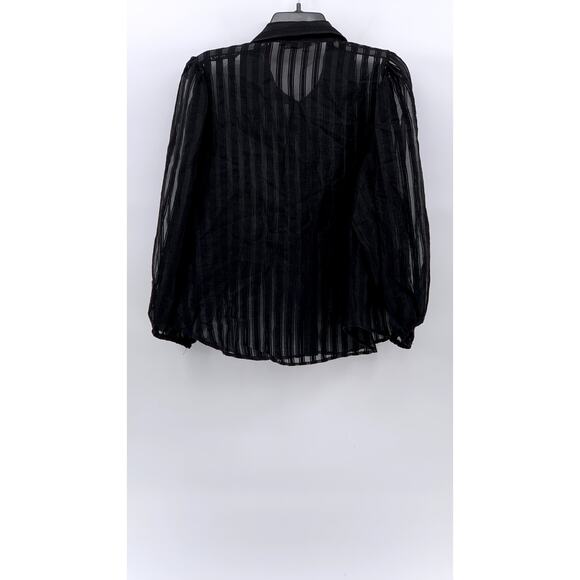 ZARA Women's Black Sheer Striped Regular-Fit Button-Up Long Puff Sleeve Top SZ L - Picture 2 of 10